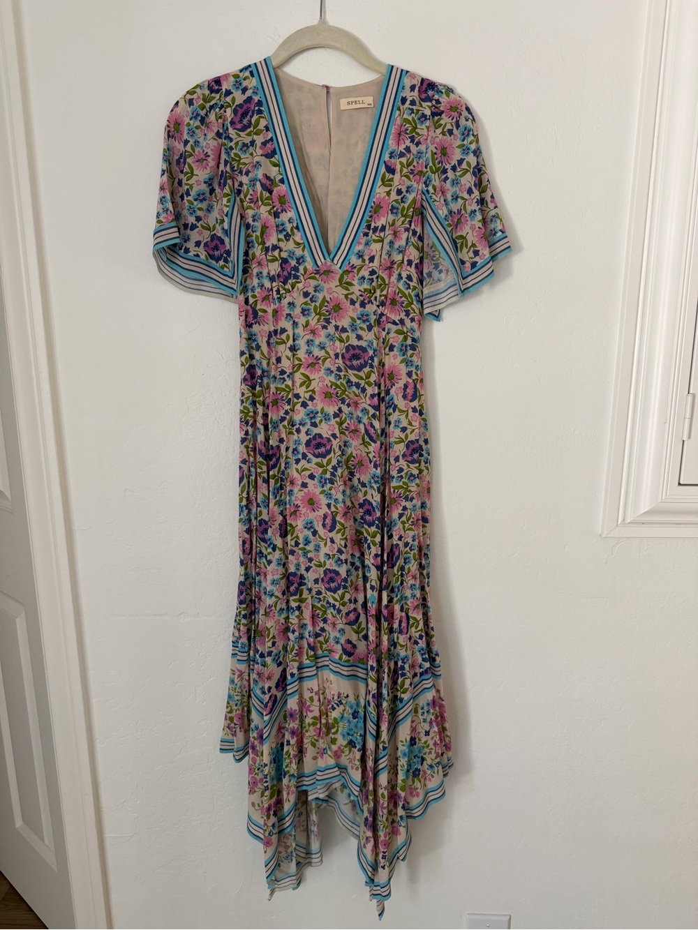Spell Floral V-Neck Handkerchief-Hem Midi Dress in Pink, Blue, Green